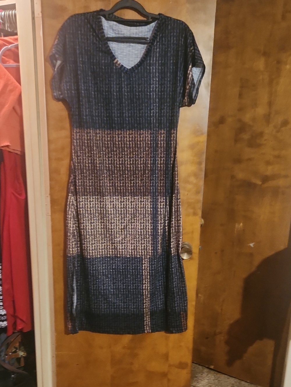 Women's Navy and Tan V-Neck Knit Dress